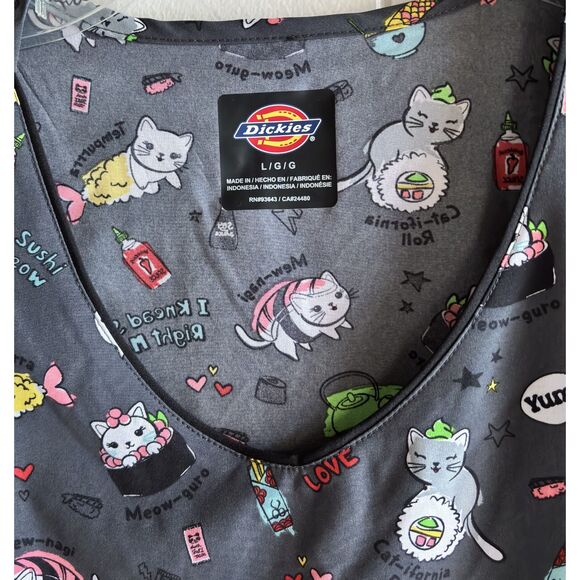 Dickie's Medical Whimsical Cat Sushi Woman's Size L Charcoal Nurse Scrub Top - Picture 5 of 9